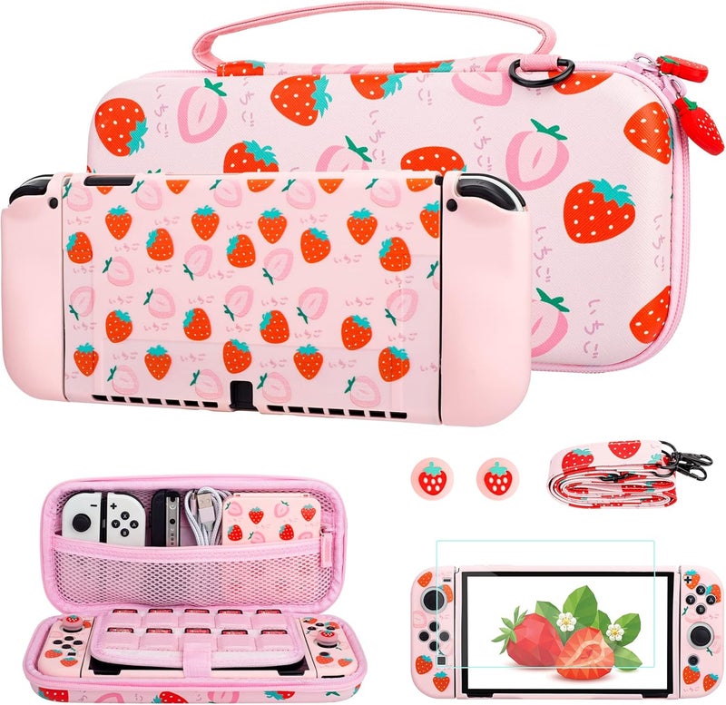 F'DIARY Pink Strawberry Travel Carrying Case for Nintendo Switch OLED, Portable Accessories Kit with Shouckproof Storage Bag, Soft TPU Protective Case, Screen Protector, Shoulder Strap & 2 Thumb Caps - Image 1